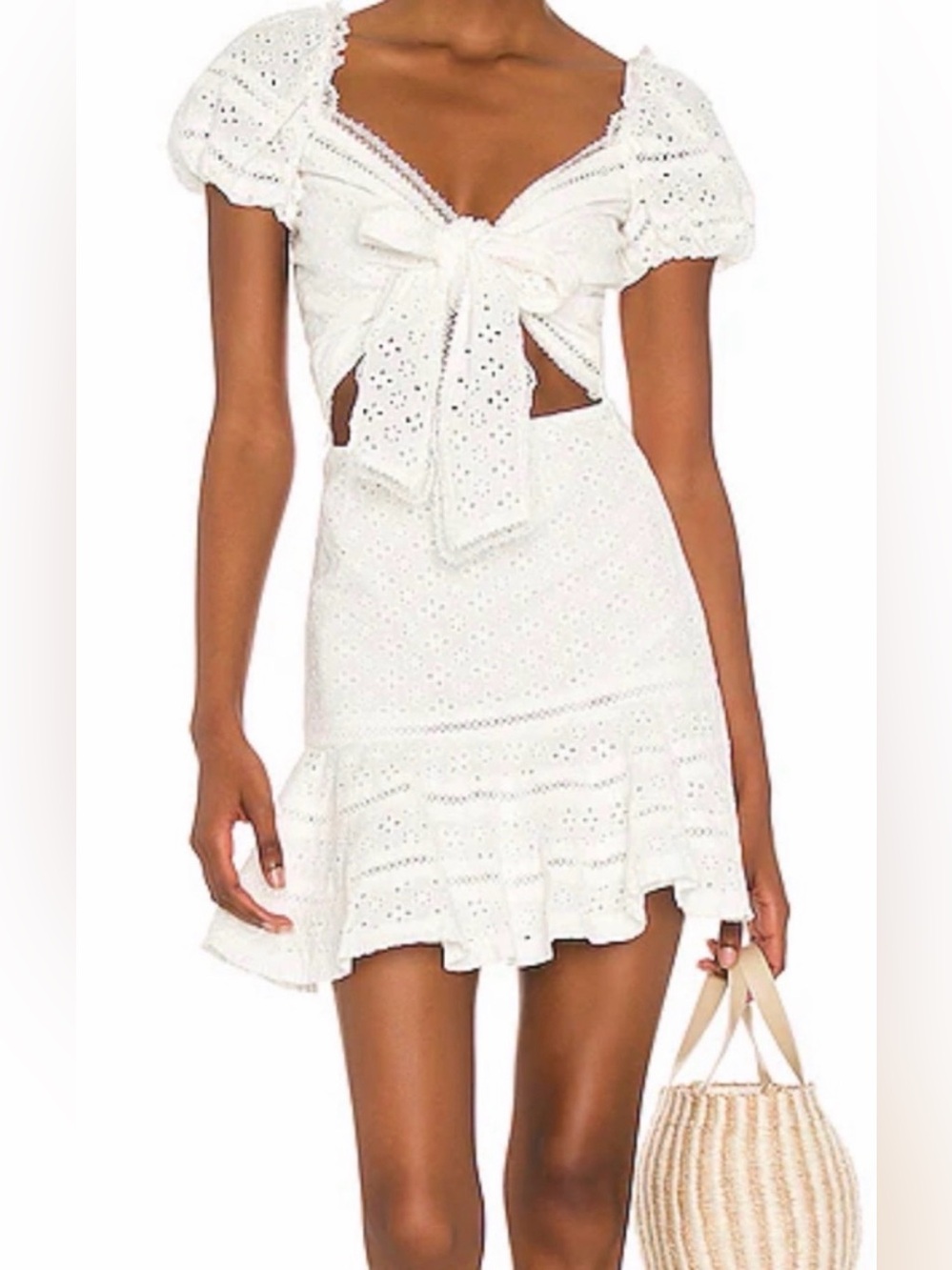 V. Chapman Praline White Eyelet Tie-Front Mini Dress White Size 6